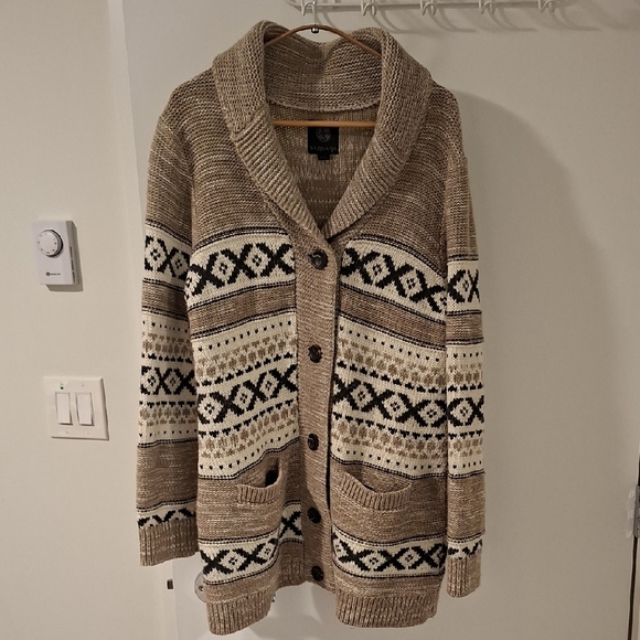 Sansara Women's Tan/Grey & Black Wool Shawl-collar Cowichan Cardigan (Size XL) - Picture 2 of 9